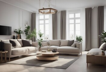 Interior design of modern scandinavian apartment living room and dining room 3d rendering