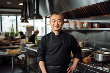 Fototapeta premium Portrait of Asian chef in a black jacket in the kitchen in a restaurant. Generative AI