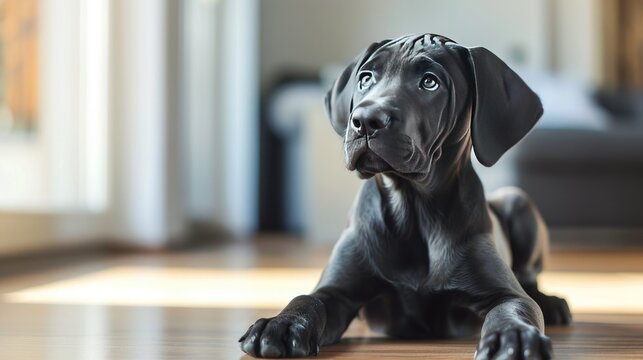 Photo portrait of a cute gray Great Dane puppy lying at home, blurred background