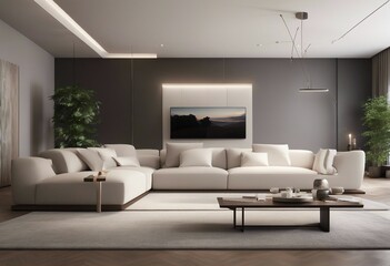 Interior of living room with white sofa and coffee table panorama 3d rendering