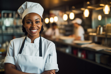 Portrait of a beautiful Afro American female chef manager smiling and posing in an elegant restaurant kitchen. Generative AI