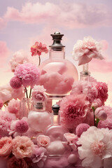 Obraz na płótnie Canvas fancy glass perfume bottles in sky pink clouds, Generative AI