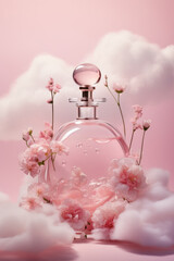 fancy glass perfume bottles in sky pink clouds, Generative AI