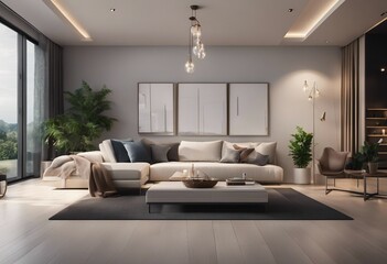 Naklejka na ściany i meble Interior of modern living room panorama 3d rendering