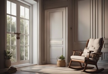 Interior with door and rocking chair 3d rendering