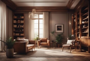 Fototapeta na wymiar Interior with wooden cabinet and armchair 3d rendering