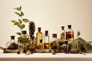 modern glass perfume bottles with herbs flowers spices wood, natural perfume cosmetics, Generative AI