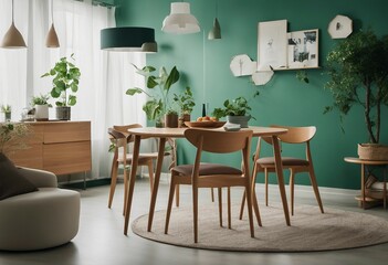 Mint color chairs at round wooden dining table in room with sofa and cabinet near green wall Scandin