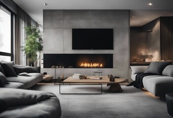 Minimalist style interior design of modern living room with fireplace and concrete walls