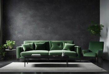 Modern interior of living room with grey sofa coffee tables green armchair against black concrete wa