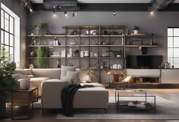 Modern living room interior of loft 3d rendering