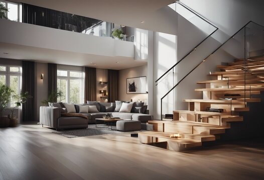 Modern interior living room with fireplace and stairs 3d render