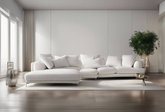 Modern living room interior with white sofa panorama 3d render