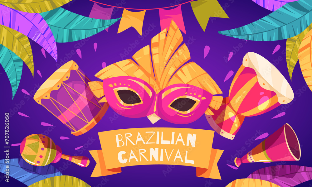 Wall mural hand drawn flat cartoon brazilian carnival background with a carnival mask and musical instrument