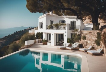 Traditional mediterranean white house with pool on hill with stunning sea view Summer vacation backg