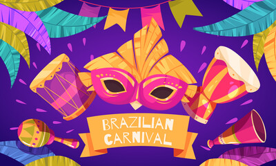Hand drawn flat cartoon brazilian carnival background with a carnival mask and musical instrument