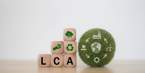 LCA on wooden blocks LCA life cycle assessment concept Assessing the environmental impacts associated with product value chains, the ISO LCA standard aims to limit climate change. - obrazy, fototapety, plakaty