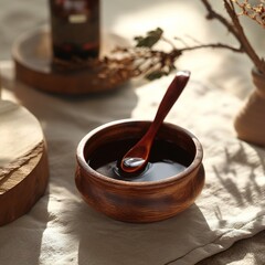 Oriental culture Korea Goryeo red ginseng and red ginseng liquid (tea) leaves are expressed in a luxurious and minimalistic way. generative ai