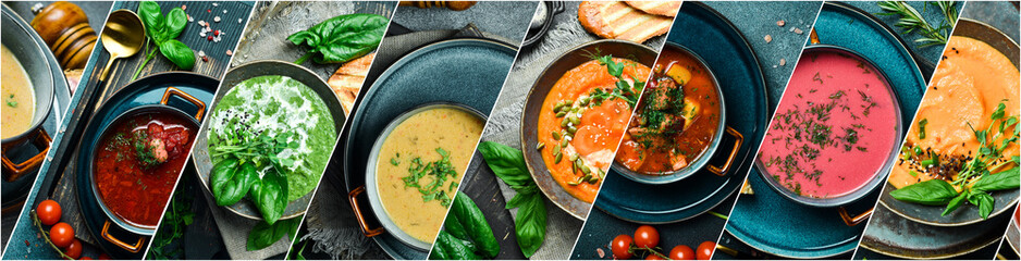Photo collage of various soups and cream soups. A set of colored soups in bowls. Photo banner for a food site.