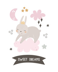 Obraz na płótnie Canvas Sweet dreams. cartoon bunny, hand drawing lettering, decor elements. Colorful vector illustration, flat style. design for greeting cards, print, poster