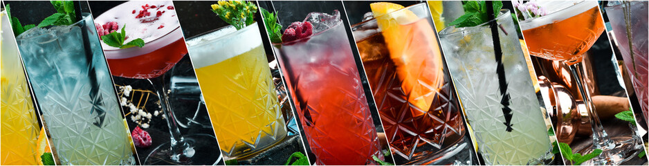 Photo collage. Colored alcoholic cocktails. Bar drinks menu. Cocktail party.