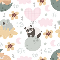 Seamless pattern with cute koala, fox, panda, decor elements. simple flat vector. Hand drawing for children. animal theme. baby design for fabric, textile, wrapper, print.