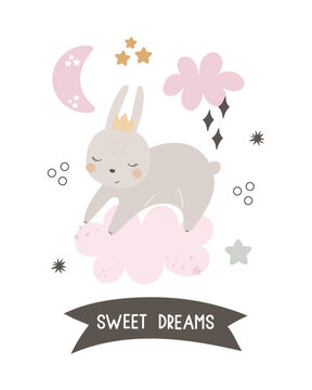 Sweet dreams. cartoon bunny, hand drawing lettering, decor elements. Colorful vector illustration, flat style. design for greeting cards, print, poster