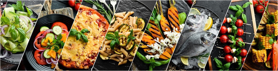 Photo collage. Different healthy main courses, meat and fish dishes, pasta, salads, sauces, bread and vegetables on a dark background. Top view. - obrazy, fototapety, plakaty