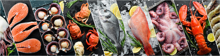 Photo collage. Fresh seafood: fish, lobster, squid and shrimp on a dark stone background....