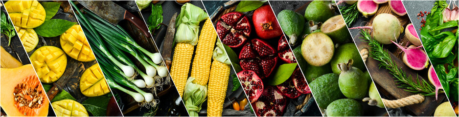 Collage. Fresh vegetables and fruits. food background with assortment of fresh organic fruits and...