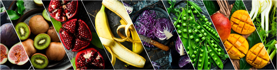 Organic food - photo collage. Set of fresh vegetables, fruits and organic healthy food. Photo banner for a food site. - obrazy, fototapety, plakaty