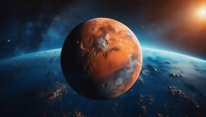 Obraz na płótnie Canvas Mars,red planet with detailed surface features and craters in deep blurred space. Blue Earth planet in outer space.Mars and earth concept.Copy space.