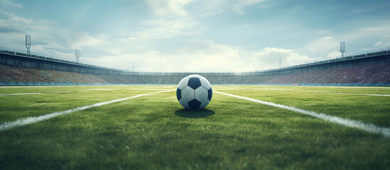 Sport. Empty football soccer field with white marks, green grass texture and soccer ball.  - obrazy, fototapety, plakaty