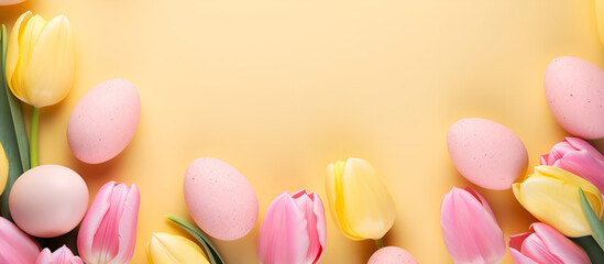 Spring Celebration Tulips and Eggs on a Cheerful Yellow Background