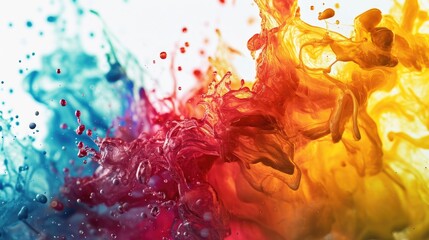 Abstract colorful ink splashing in water, isolated on white background