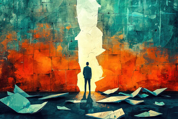 Ilustración de un empleado derribando muros que representan las barreras emocionales en el lugar de trabajo, liberación mental - obrazy, fototapety, plakaty