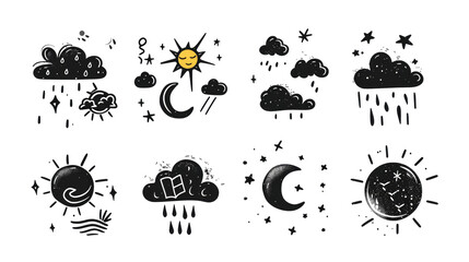 white-black Set of 10 hand-drawn pop-style icon illustrations with weather motifs on transparent background