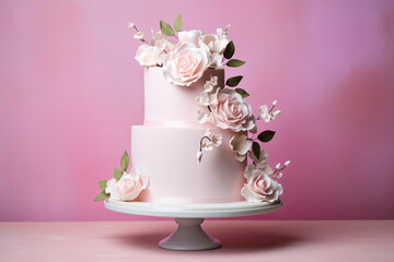 Layered wedding cake with flower decoration on pink studio background