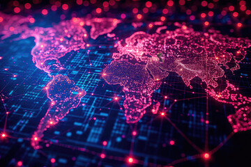 Ilustración de Un mapa mundial cubierto por una red de líneas que representan la cobertura global de 5G, globalización - obrazy, fototapety, plakaty