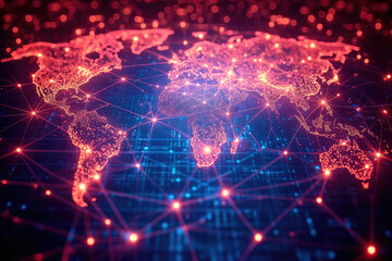 Ilustración de Un mapa mundial cubierto por una red de líneas que representan la cobertura global de 5G, globalización