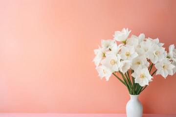 Bouquet of white narcissus on a crimson colored backdrop isolated pastel background 