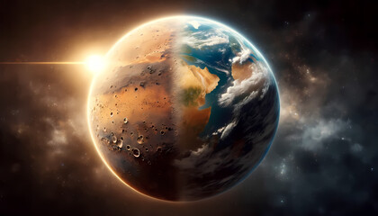 Representación Artística Espacial de la Tierra y Marte fusionadas - Concepto de Marte convertida en Tierra o Tierra Destruida por el Cambio Climático