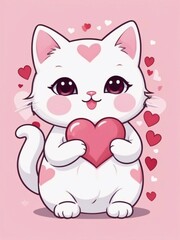 Cute Happy Valentines Day holiday art, greeting card design with a kawaii cartoon cat in love with heart, hearts backgroung. Cute valentine cat in love with valentines hearts design