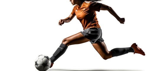 Young female soccer or football player with long hair in sportwear and boots kicking ball for the goal in jump on white background. - obrazy, fototapety, plakaty