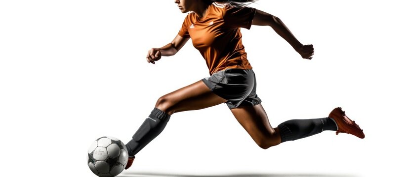 Young female soccer or football player with long hair in sportwear and boots kicking ball for the goal in jump on white background.