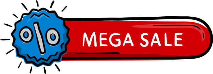 Obraz premium Bright Red Oval Sticker Button For Design Doodle Hand Drawn With Percentage Icon And Mega Sale Lettering