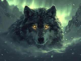 Ilustración de un zorro con auroras boreales reflejadas en sus ojos, fondo de fantasía