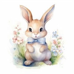 Easter Bunny with a bow and flowers, cute character, isolated on white background. Watercolor illustration