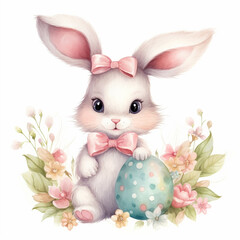 Easter Bunny with decorated eggs and flowers, cute character, isolated on white background. Watercolor illustration