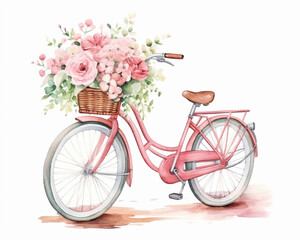 Fototapeta na wymiar Pink vintage bike with spring flowers in the basket. Cute Isolated watercolor illustration